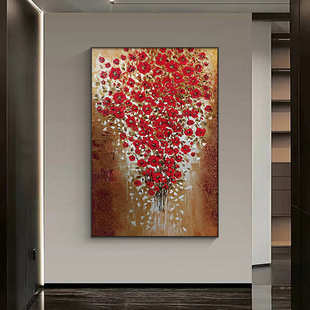 红色花卉手绘油画玄关装饰画高级感大芬村装饰画客厅走廊过道挂画