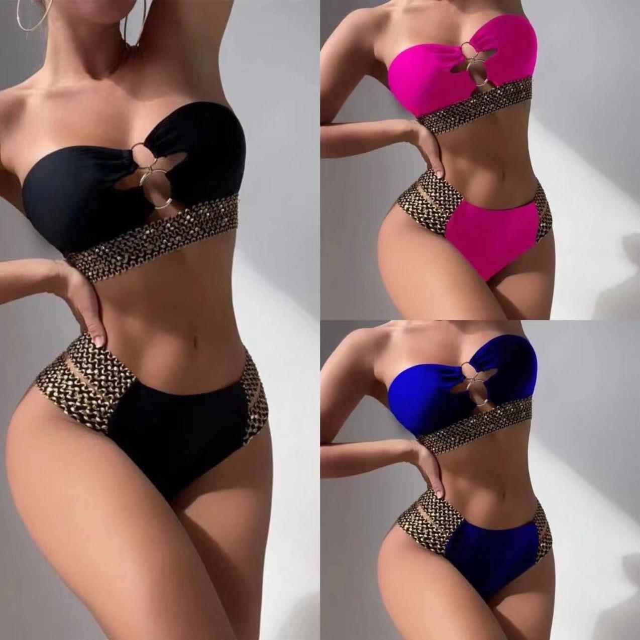 2023新款欧美外贸比基尼分体泳衣 风泳装性感镂空沙滩bikini