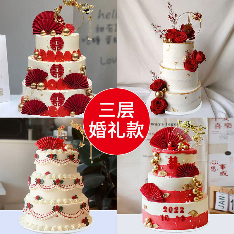 中式三层订婚婚礼仿真蛋糕模型网红新款定制橱窗塑胶假样品道具