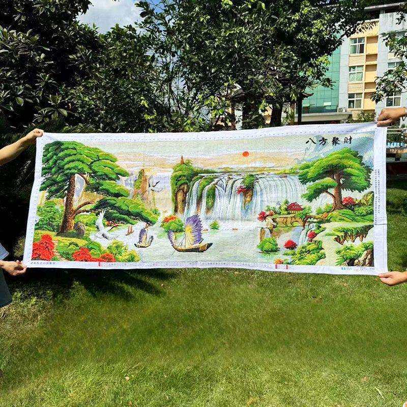 绣好的纯手工十字绣成品迎客松八方聚财流水生财风景画不带框