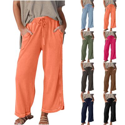 Womens Casual Pants Trousers Wide Leg High Waist Drawstring