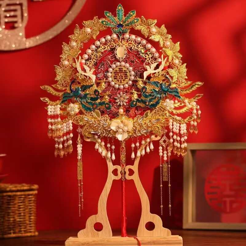 双面团扇新娘结婚礼出嫁高级成品秀禾喜扇送礼中式扇子diy材料包