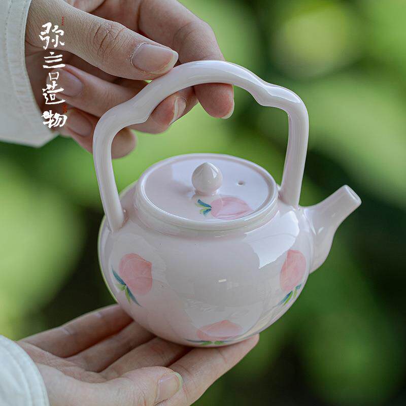 弥言纯手绘桃子茶壶创意陶瓷提梁壶茶杯单壶带过滤功夫茶具不烫手