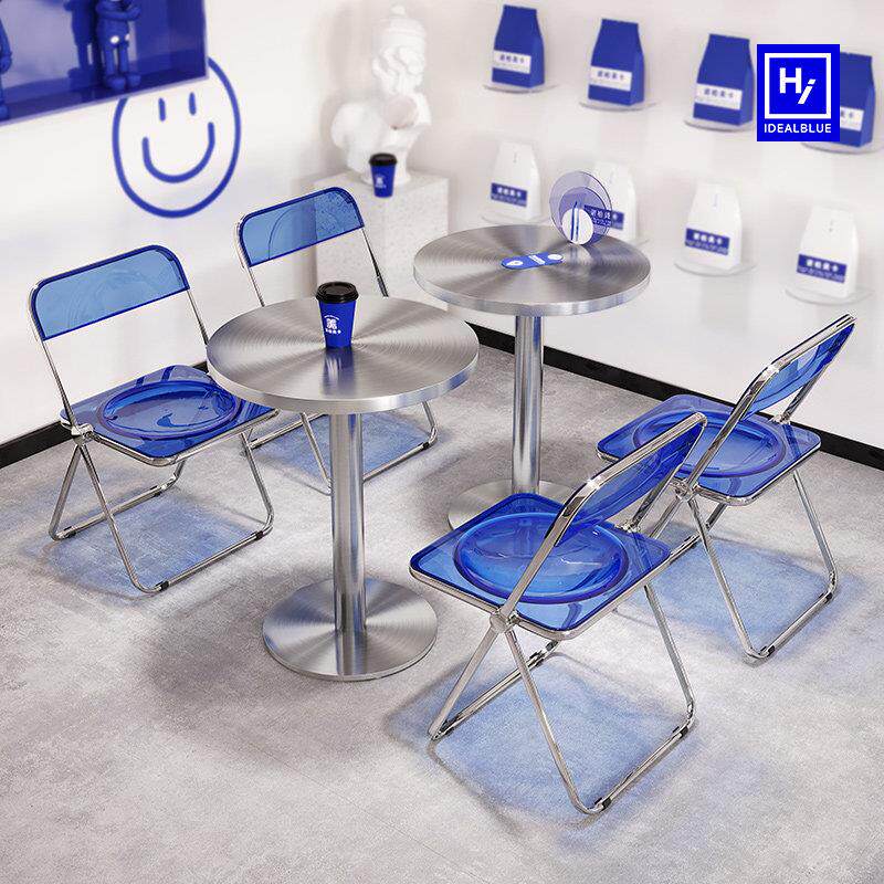 工业风不锈钢桌椅网红奶茶店咖啡厅桌椅组合甜品小吃桌椅子折叠椅