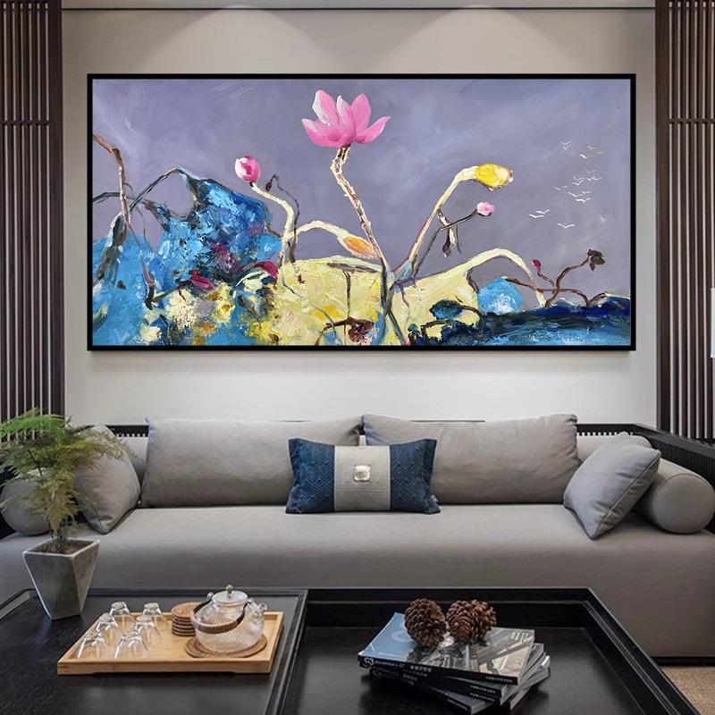 新中式纯手绘印象荷花油画客厅餐厅卧室床头书房横挂画抽象装饰画