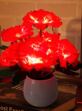 插电小夜灯led仿真牡丹花盆灯新年桌面摆件客厅卧室装饰台灯盆栽