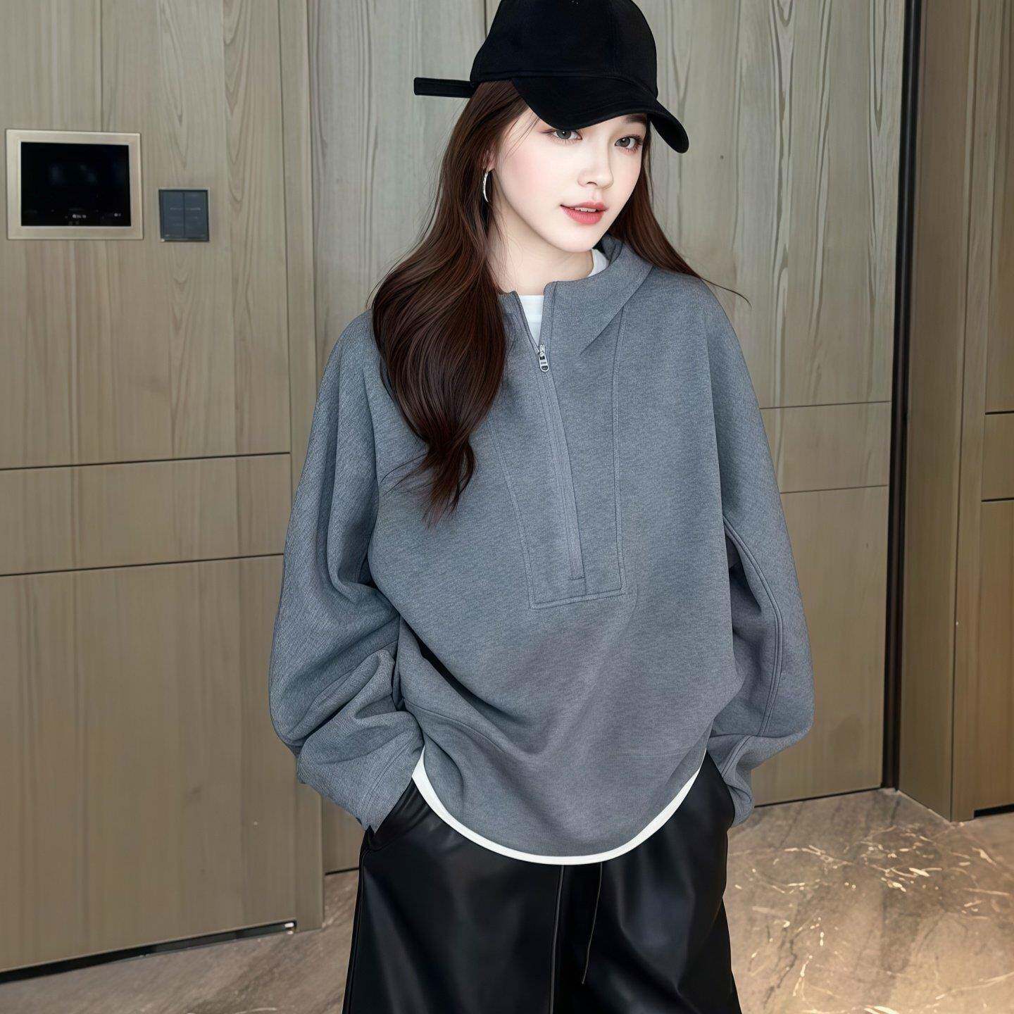 欧洲站设计感时尚半拉链连帽卫衣女2025秋季大码宽松高级感上衣潮