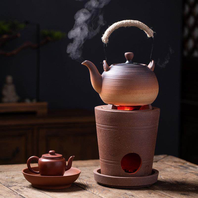 覆古木碳炉烧水壶中式大号提梁围炉煮茶壶粗陶明火家用阳台户外
