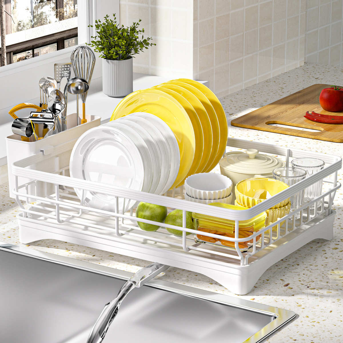 现代简约白色碗碟沥水架大容量桌面碗盘收纳单层厨房碗碟架批发