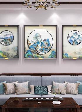 千里江山SWH-CCCX厅装饰画中新式沙发景墙高端背刺绣挂画立体苏绣