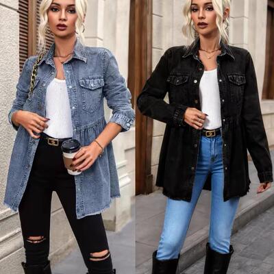 Long sleeved fringed denim shirt top, women's denim jacket