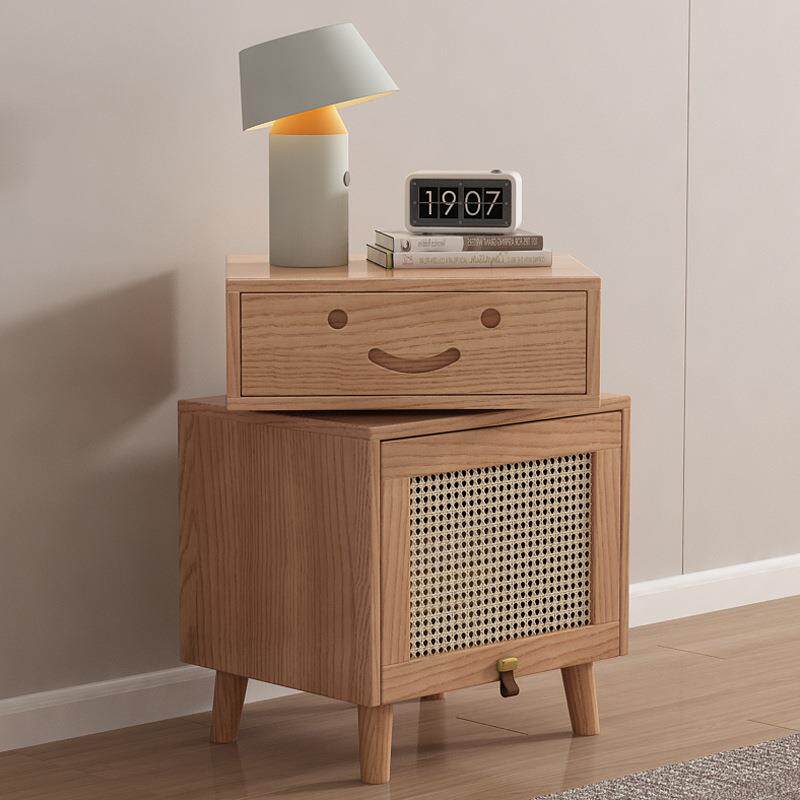 日式实木床头柜简约现代小型藤编床边柜家用床头置物柜落地小柜子