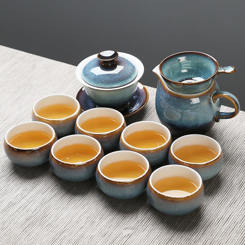 苏氏陶瓷茶具窑转银丝釉功夫茶杯陶瓷三彩碗13件礼盒