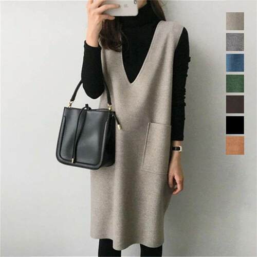 Plain Split Hem V Neck Tank Dress Casual Chic Sleeveless