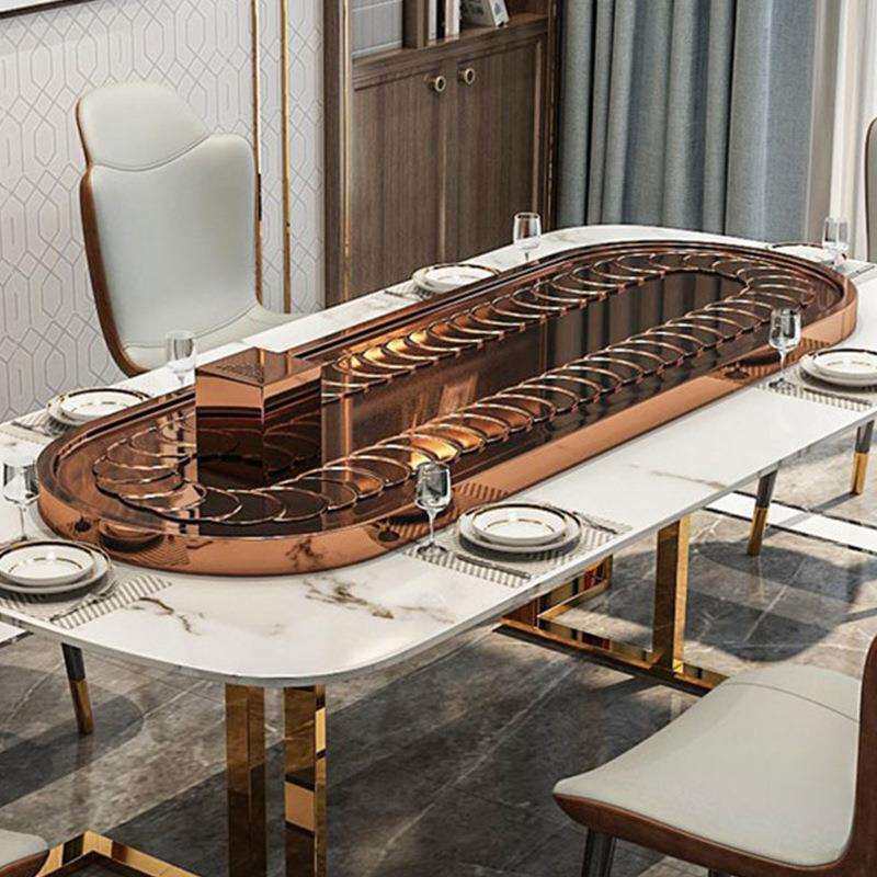长方形餐桌电动转盘旋转小火锅桌传动带不锈钢月牙片旋转长桌转盘