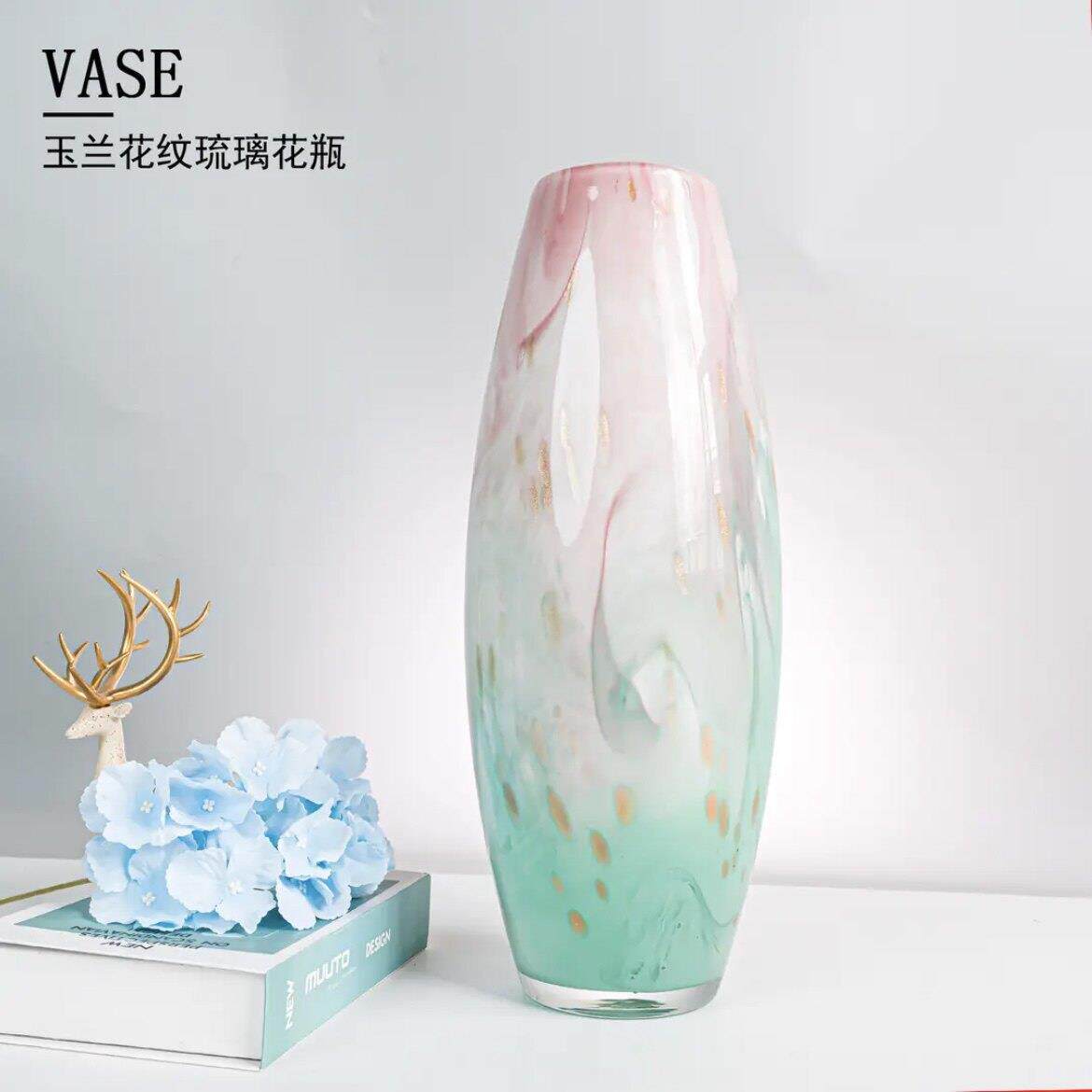 轻奢流纹手工琉璃花瓶摆件现代客厅样板间装饰品餐桌插花花器摆设