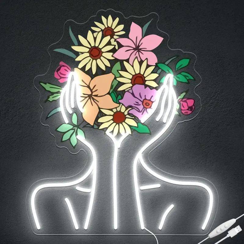 美女花朵UV打印霓虹灯卧室花店装饰墙面亚克力底板led灯发光