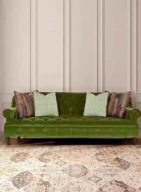 法式乡小户客厅美NMQ覆古拉扣简型约设计式师绿色布艺丝绒三人沙