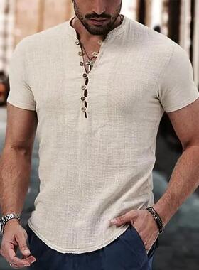 Mens Linen Shirt Plain V-Neck Summer Casual Shirts Men 衬衫