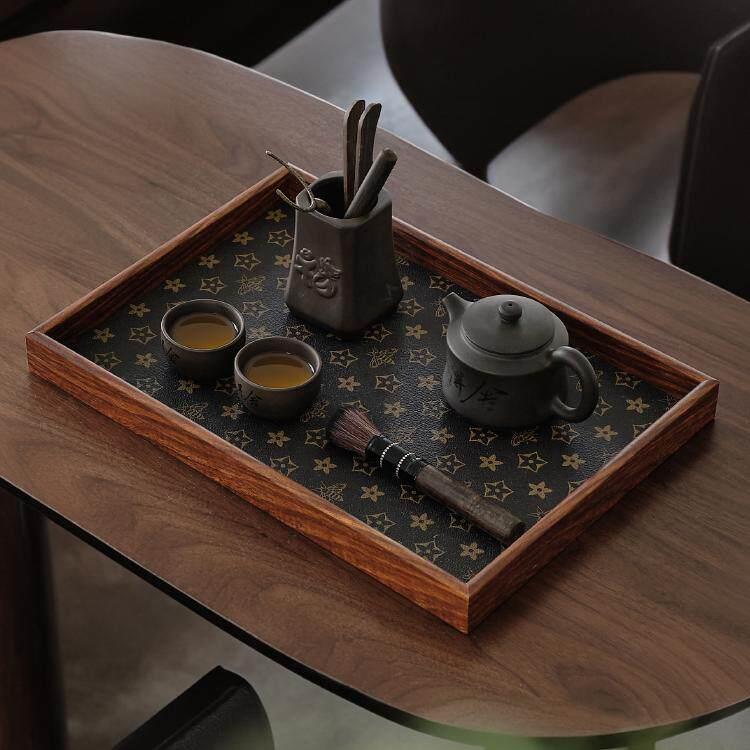 中式复古托盘家用茶几托盘茶具茶杯水果干活高颜值皮革木质托盘
