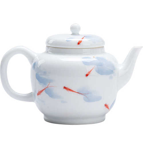 纯手绘鱼戏茶壶陶瓷单壶家用功夫茶具白瓷单个冲茶泡茶器具带过滤