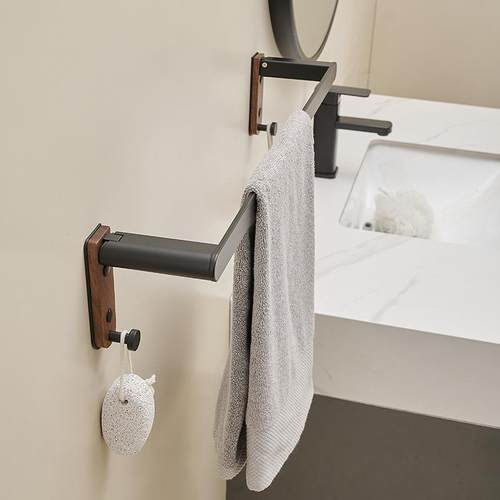胡轻奢折叠毛巾杆卫生176巾间浴室打免孔桃木黑色挂钩毛架置物架