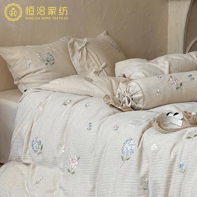 法式亚麻棉超柔四件套少女心花卉刺绣绑带纯棉被套床上用品原灰色