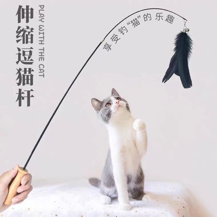 逗猫棒木柄羽毛可伸缩两节杆耐咬猫咪解闷自嗨玩具用品厂家