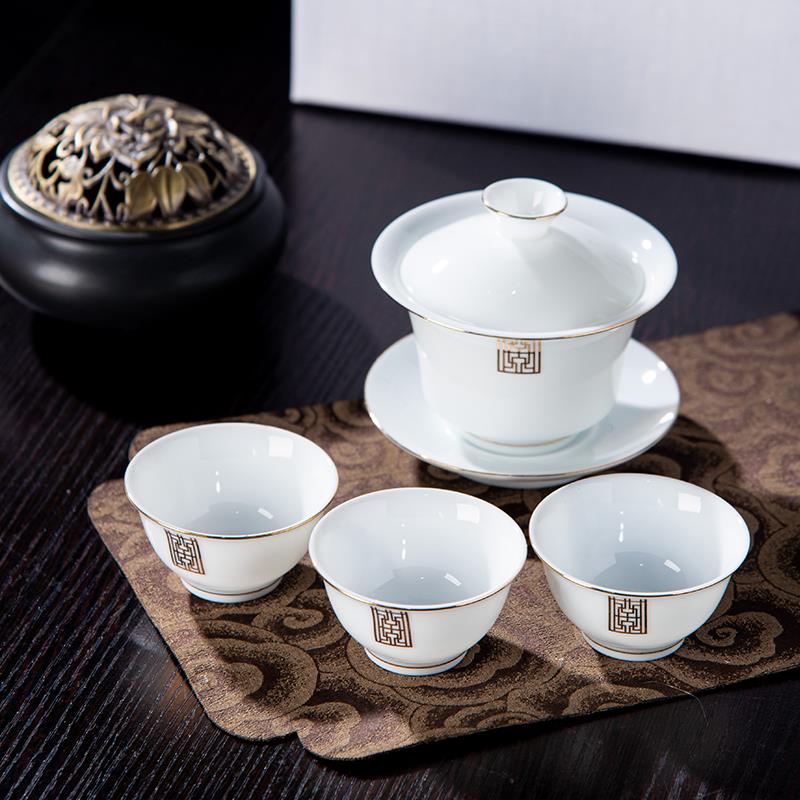 大号冰种羊脂玉白瓷盖碗三才杯描金薄胎家用单个泡茶茶盏功夫茶具