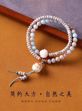 2026新中式黑花梨6mm红蓝色珠双圈手链女款炭烧猫咪简约手串念珠