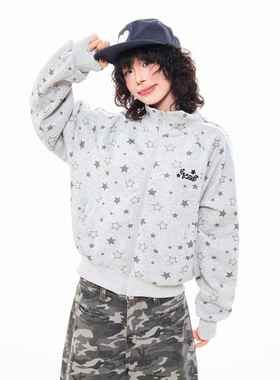 MKGO 美式覆古星星满印灰色开衫卫衣女秋季新款宽松情侣立领外套