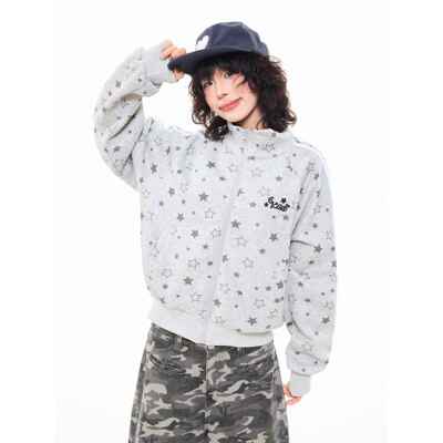 MKGO 美式覆古星星满印灰色开衫卫衣女秋季新款宽松情侣立领外套