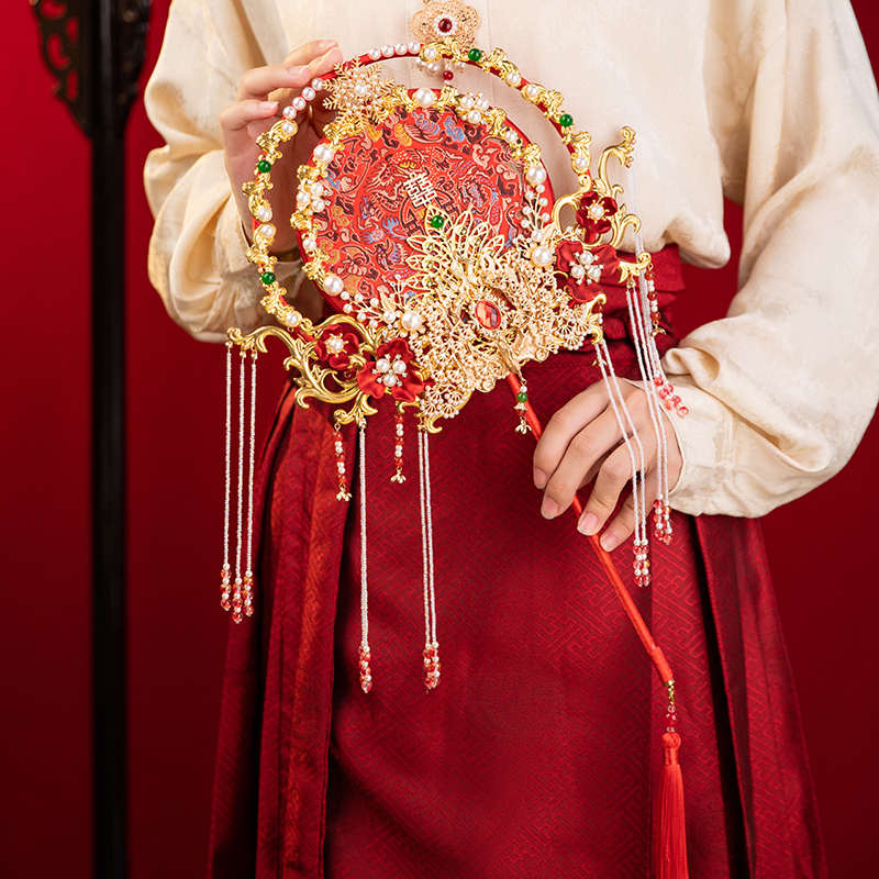 吉祥制diy团扇婚明中式重工流苏红色刺绣新品新娘材料结婚包四时