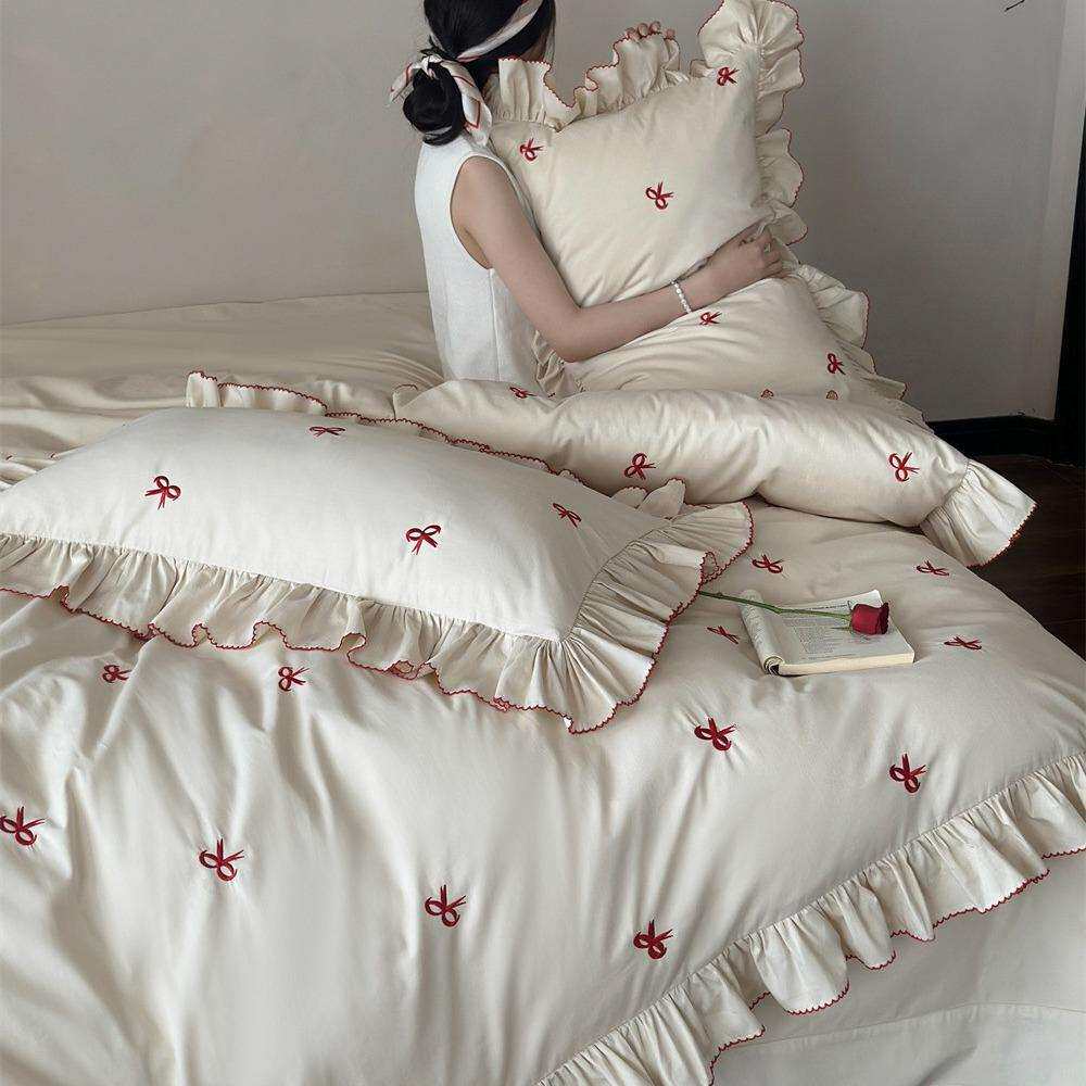 法式少女蝴蝶结四件套贡缎纯棉磨毛花边被套秋冬加厚保暖床品