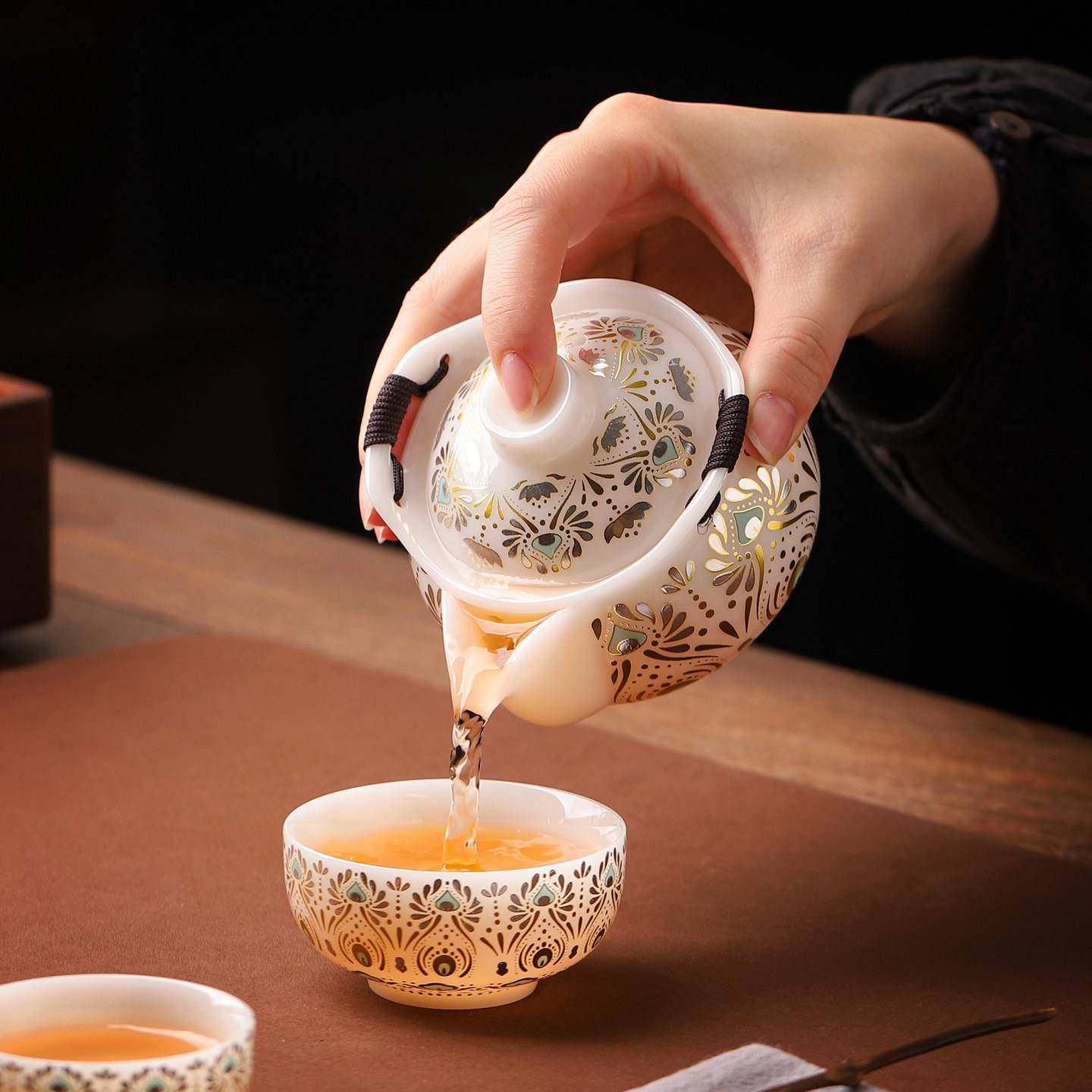 璞玉冰种白瓷宝瓶手抓壶家用陶瓷泡茶壶一壶三杯盖碗茶杯防烫带盖