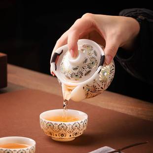 璞玉冰种白瓷宝瓶手抓壶家用陶瓷泡茶壶一壶三杯盖碗茶杯防烫带盖