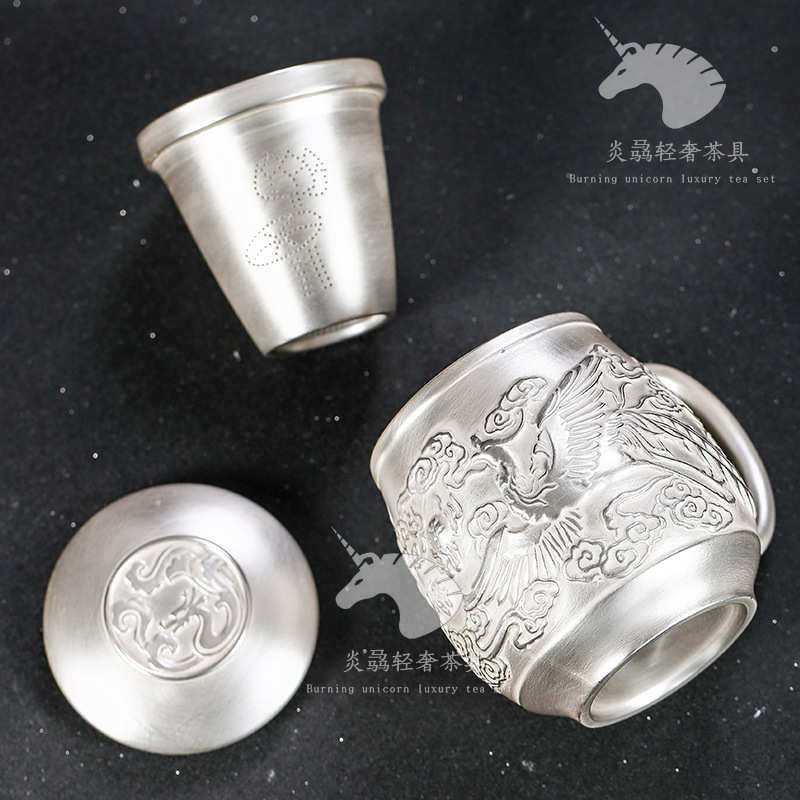 办公真杯子个人大容量礼品鎏茶杯分离银滤带过茶具茶水 杯雪花银