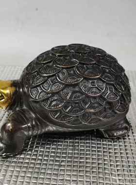 古玩铜器收藏仿古黄铜鎏金金钱龟老道家居客厅办公室工艺摆件