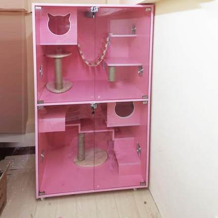 高档粉实木大带猫柜别墅豪华厕所空间两层三层玻璃门色猫柜寄养笼