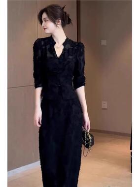 欧洲站2025年秋装新中式国风套装裙女高级感气质黑色连衣裙两件套