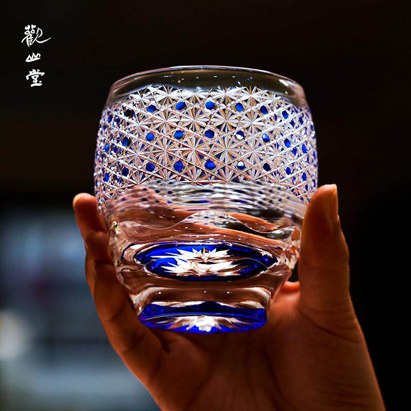 日式江户切子满天星菊纹手工刻花无铅玻璃椭圆洋酒杯子威士忌酒杯