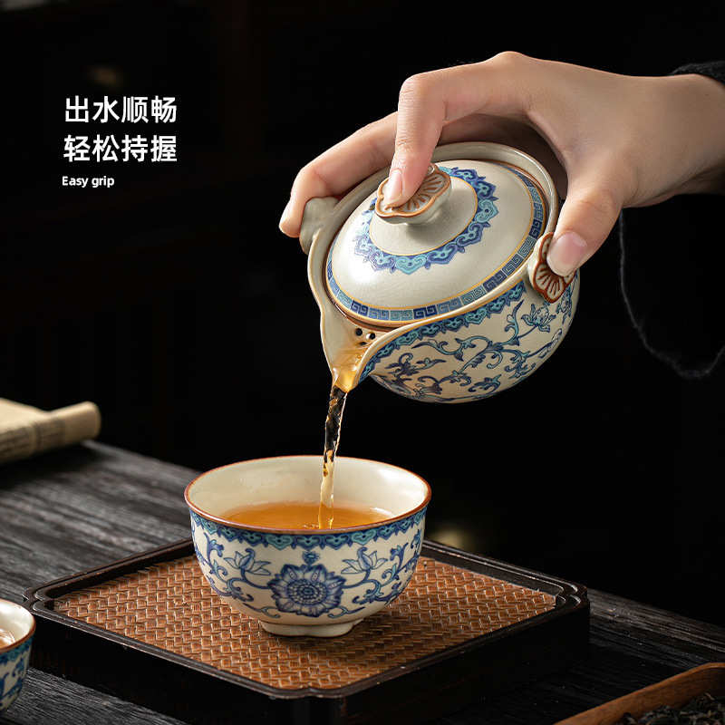 汝窑便携式旅行茶具套装简易户外手抓泡茶壶茶杯青花瓷露营快客杯