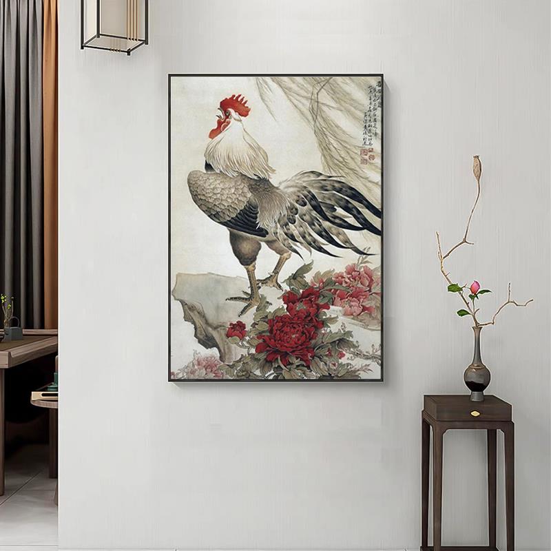 中式公鸡装饰画玄关风水招财壁画书房水墨墙雄鸡图金鸡报晓挂画图片