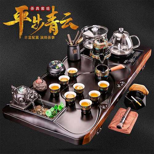 整套实木黑檀木茶盘茶具套装烧水壶一体全自动流水茶台办公室家用
