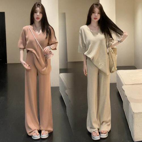 香港代购时尚套装女春新款宽松针织衫上衣阔腿裤慵懒风休闲两件套