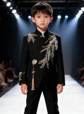 男童中式西装高端走秀朗诵主持人礼服中国风大童男孩演出服中山装