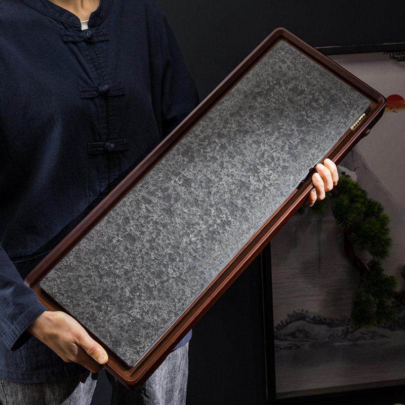 乌金石头茶盘面板竹制框架排水简约套装茶台轻奢现代实木家用茶海