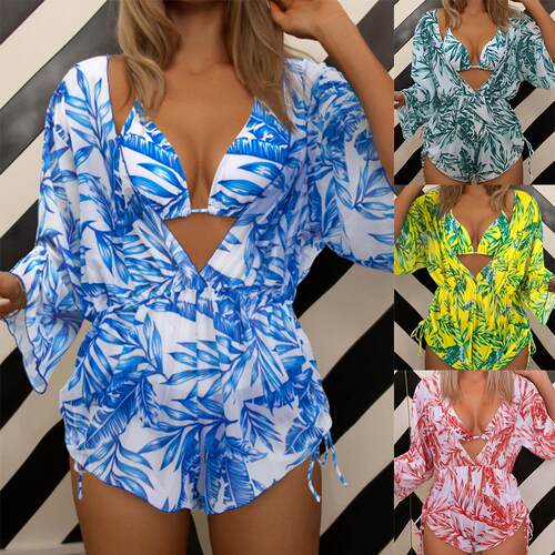 3-Piece Set Bikini Set U-Wire Cutout Swimsuit High Waisted