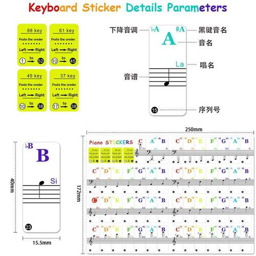 彩色钢琴贴纸五线谱简谱自学键盘贴纸彩色音名唱名电子琴键盘贴膜