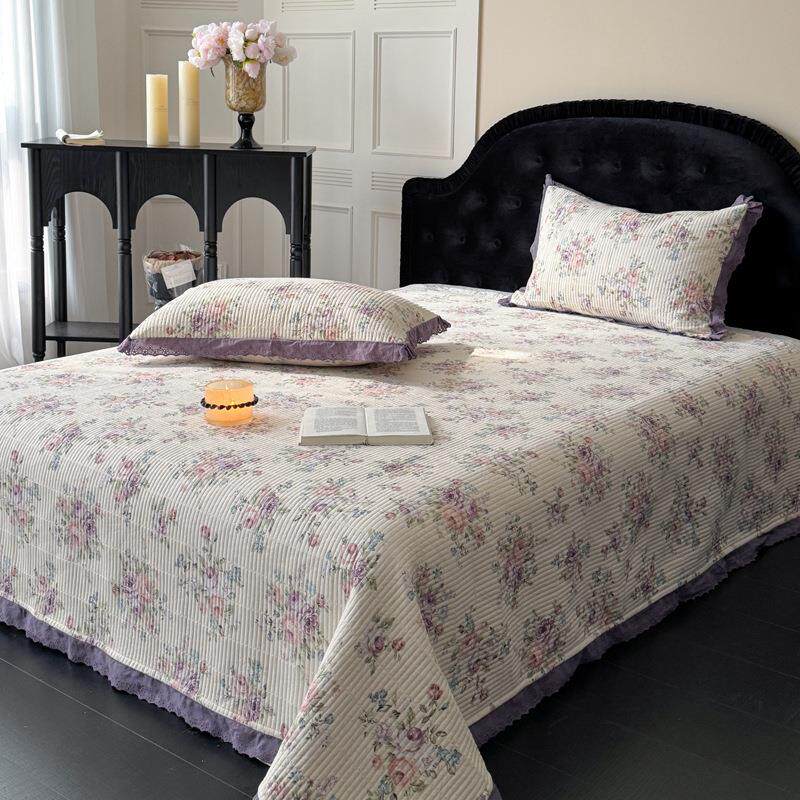 直播碎花南法假日纯棉绗缝夹棉床单荷叶边床盖三件套床罩榻榻米垫